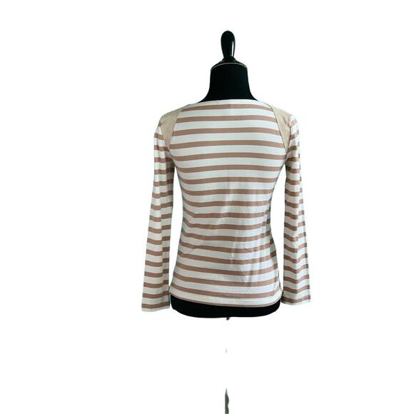 J. Crew White brown Striped Long Sleeve Suede Shoulder Tee XXS - Picture 3 of 8
